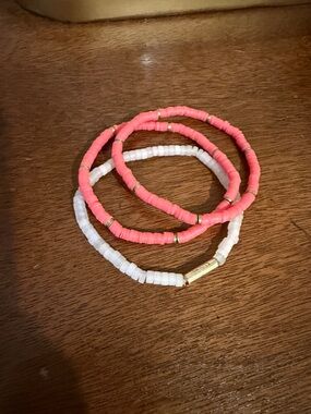 Hot pink and White Stretch Bead Bracelet Set with Gold Accents